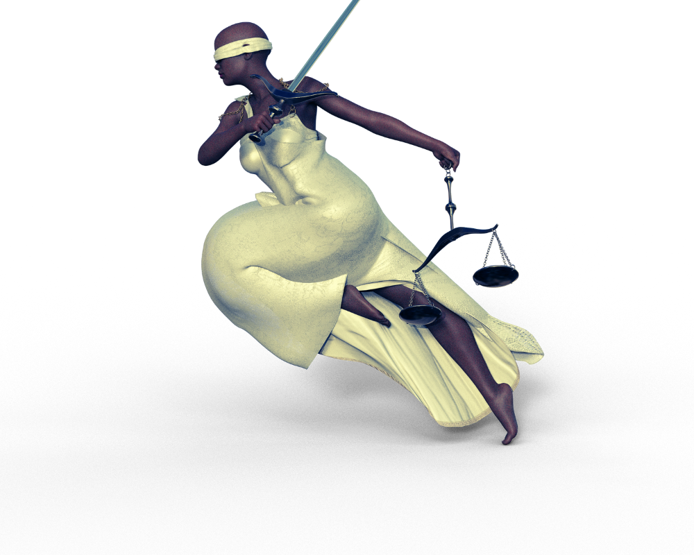 Blindfolded Lady Justice, in a dynamic pose, wearing a flowing gown, holding a sword and balanced scales, symbolizing justice and the rule of law.