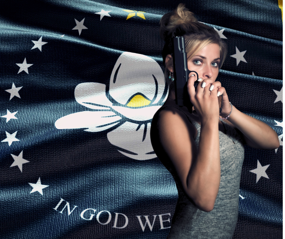Blonde woman holding a handgun to her face, standing against a waving Mississippi state flag with a magnolia flower and 'IN GOD WE TRUST' text.