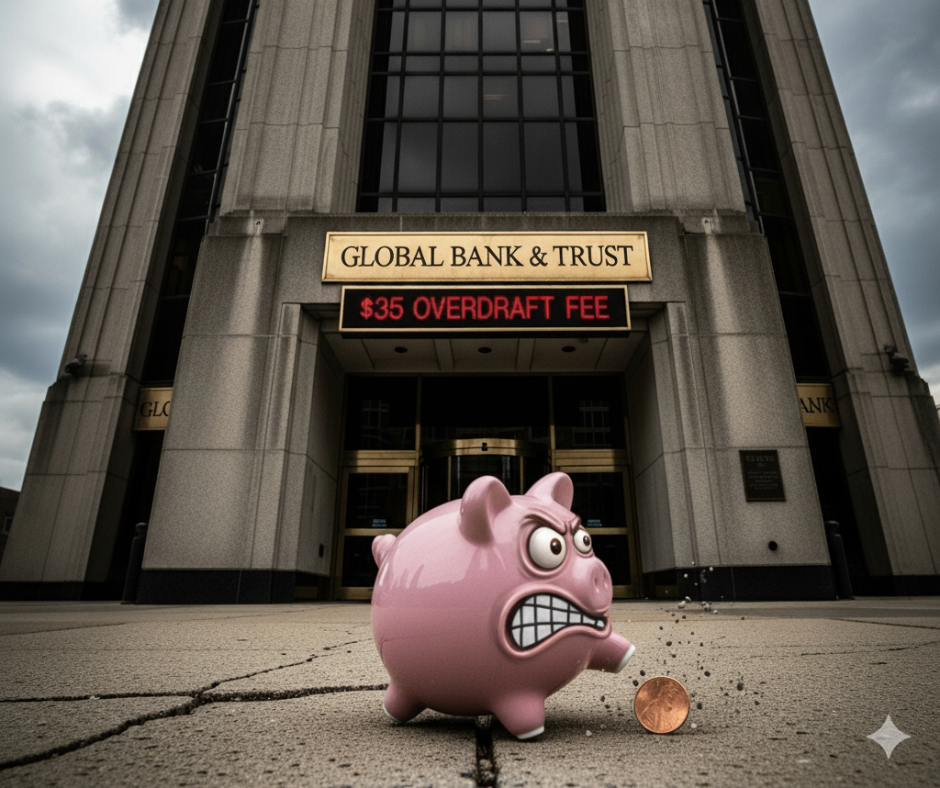Angry pink piggy bank and a penny outside 'Global Bank & Trust' with a '$35 Overdraft Fee' sign. Depicts financial burden and impact of bank charges.