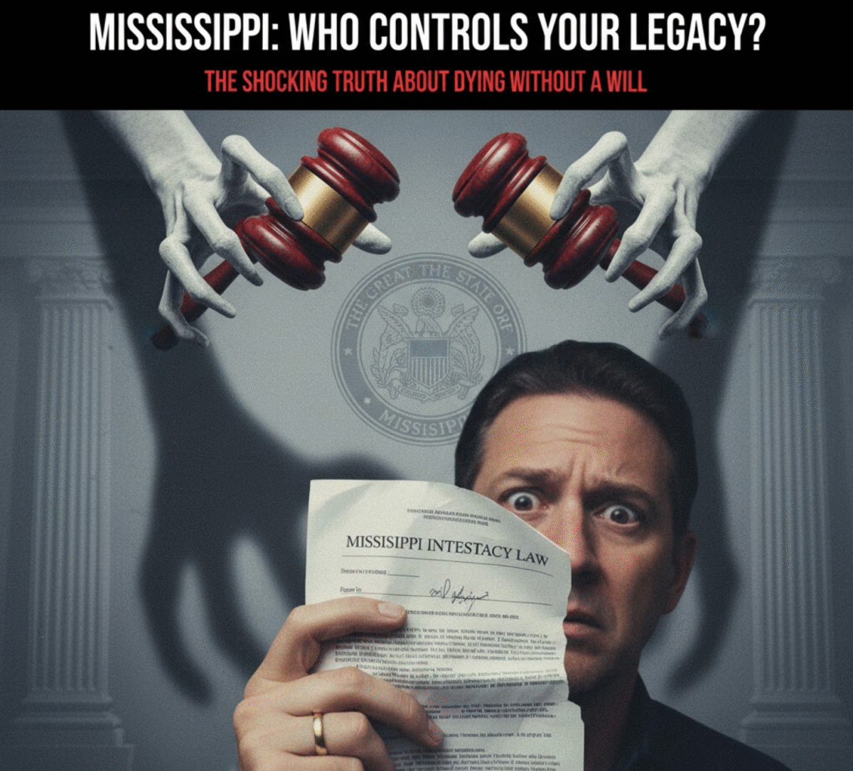 A distressed man holding a document on Mississippi Intestacy Law, overshadowed by ghostly hands with gavels, symbolizing the loss of legacy control when dying without a will.