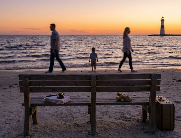 Divorce scene: Parents walk away from a child on a sunset beach. A bench holds legal papers, gavel, teddy bear, suitcase.