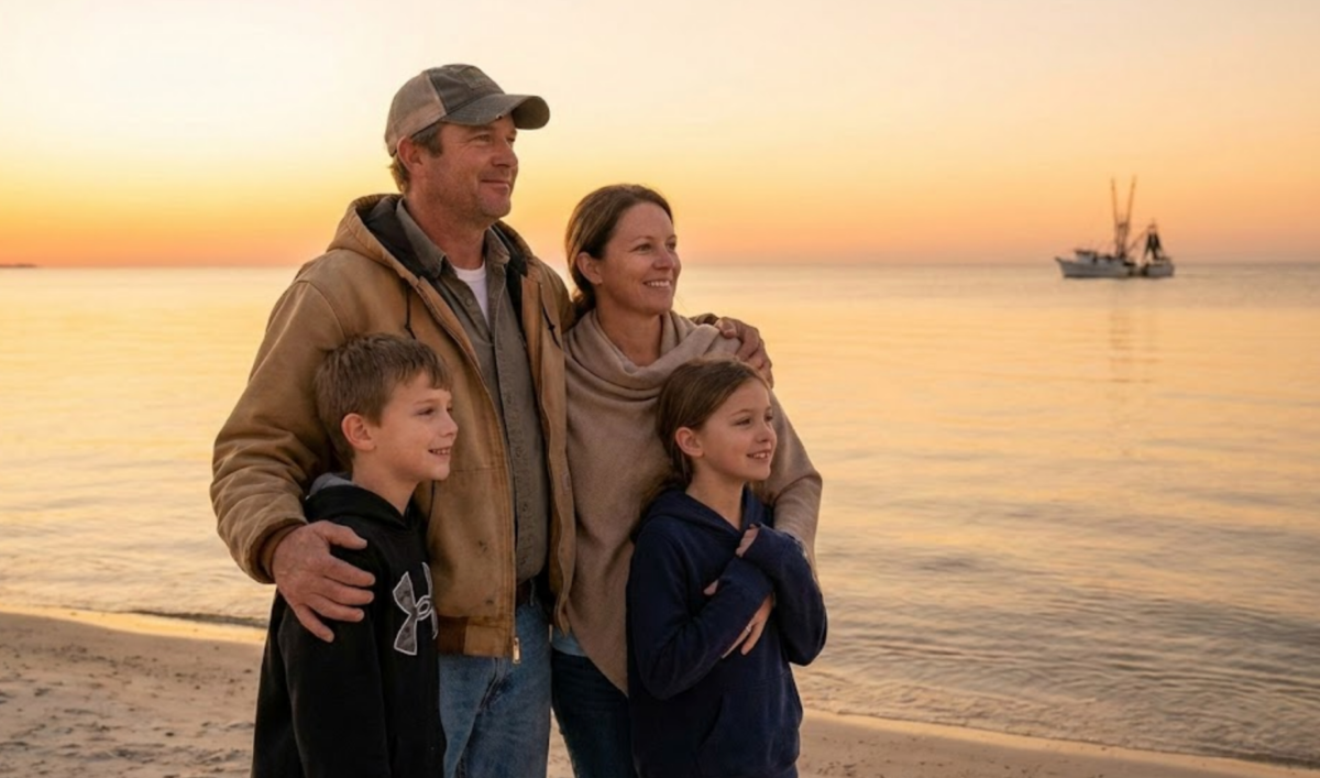 A Mississippi Gulf Coast family (parents and two children) looking out at a serene sunrise over the water, with a sense of relief and hope on their faces, symbolizing a fresh financial start. The overall mood is calm and optimistic.