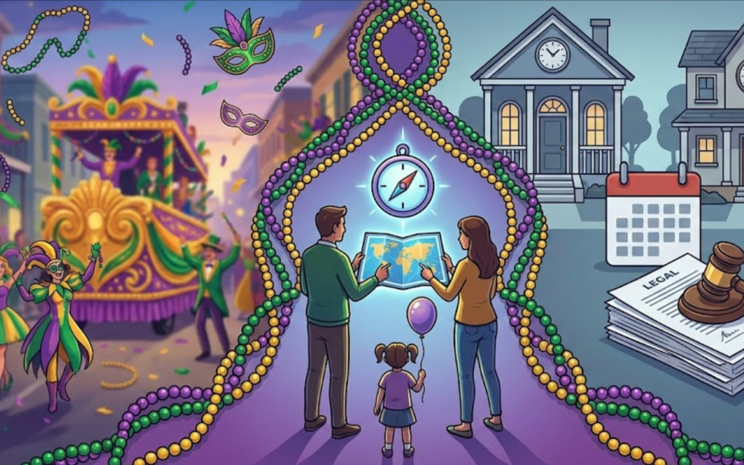 Mardi Gras parade, family with map, houses, legal papers, and calendar. Illustrates planning important life choices.