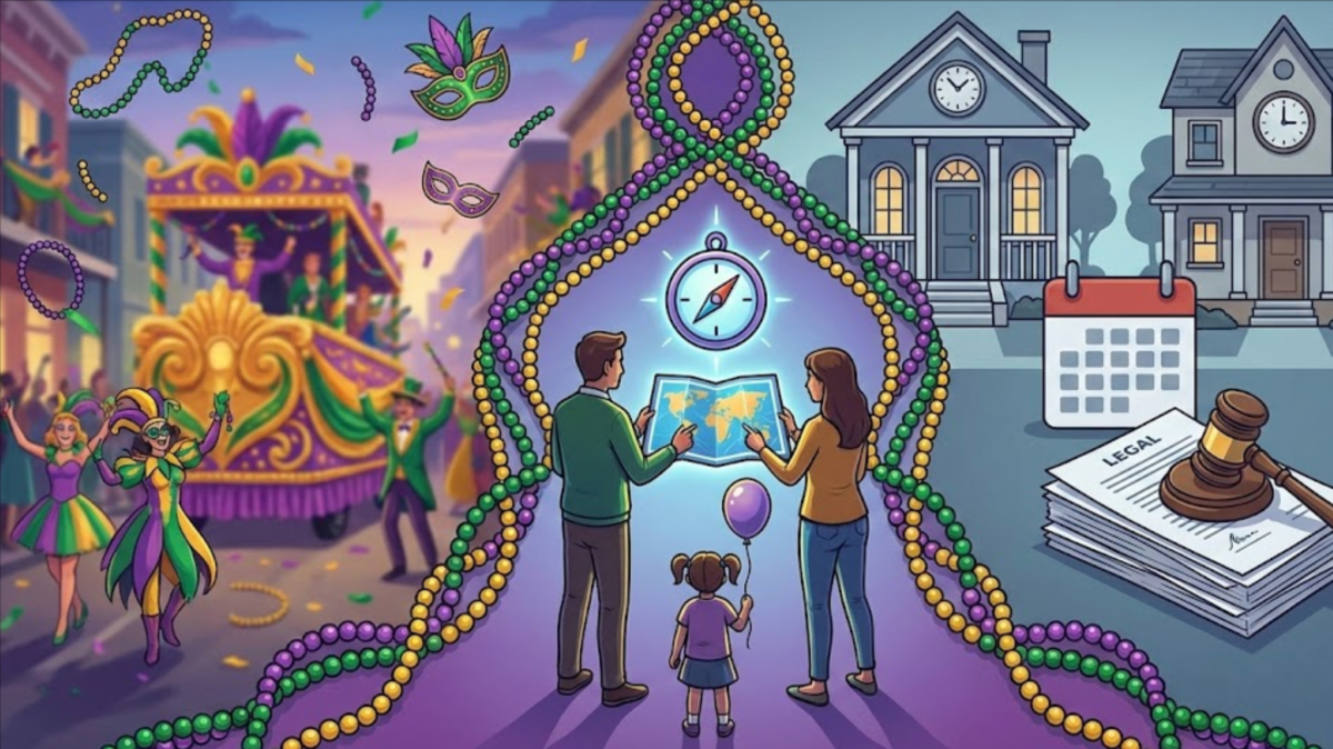 Mardi Gras parade, family with map, houses, legal papers, and calendar. Illustrates planning important life choices.