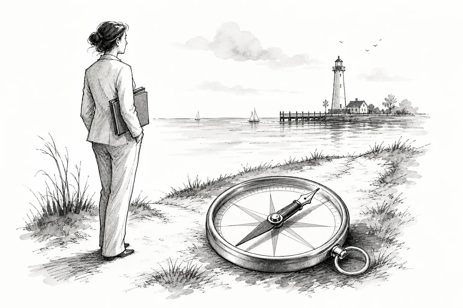 Black-and-white sketch of a businesswoman holding files on a shoreline looking toward a lighthouse and sailboats, with a large compass featuring a fountain-pen needle in the foreground.