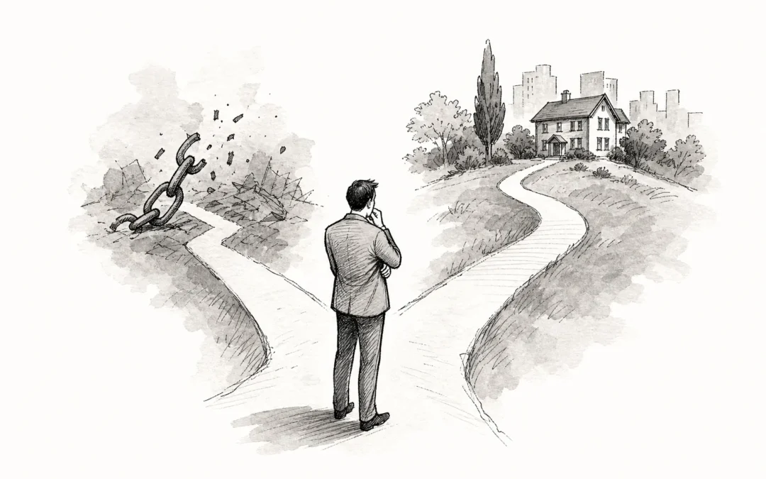 Conceptual illustration of a person standing at a crossroad choosing between two pathways toward financial relief, symbolizing Chapter 7 and Chapter 13 bankruptcy.
