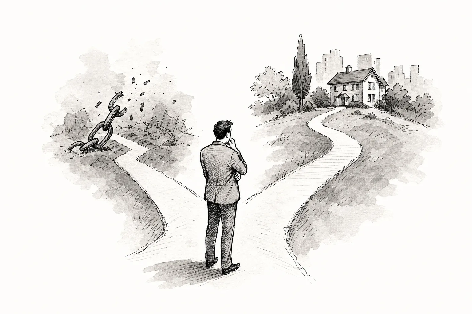 Conceptual illustration of a person standing at a crossroad choosing between two pathways toward financial relief, symbolizing Chapter 7 and Chapter 13 bankruptcy.
